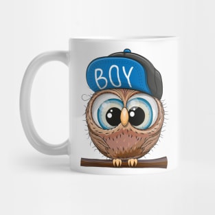 Cute little owl with big eyes and a cap with the inscription boy Mug